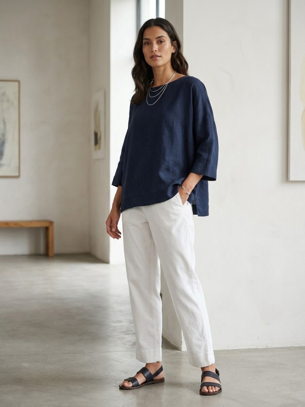 OSKA White Wide Leg Straight Crop Pants Elastic Waist Size 3 Lagenlook